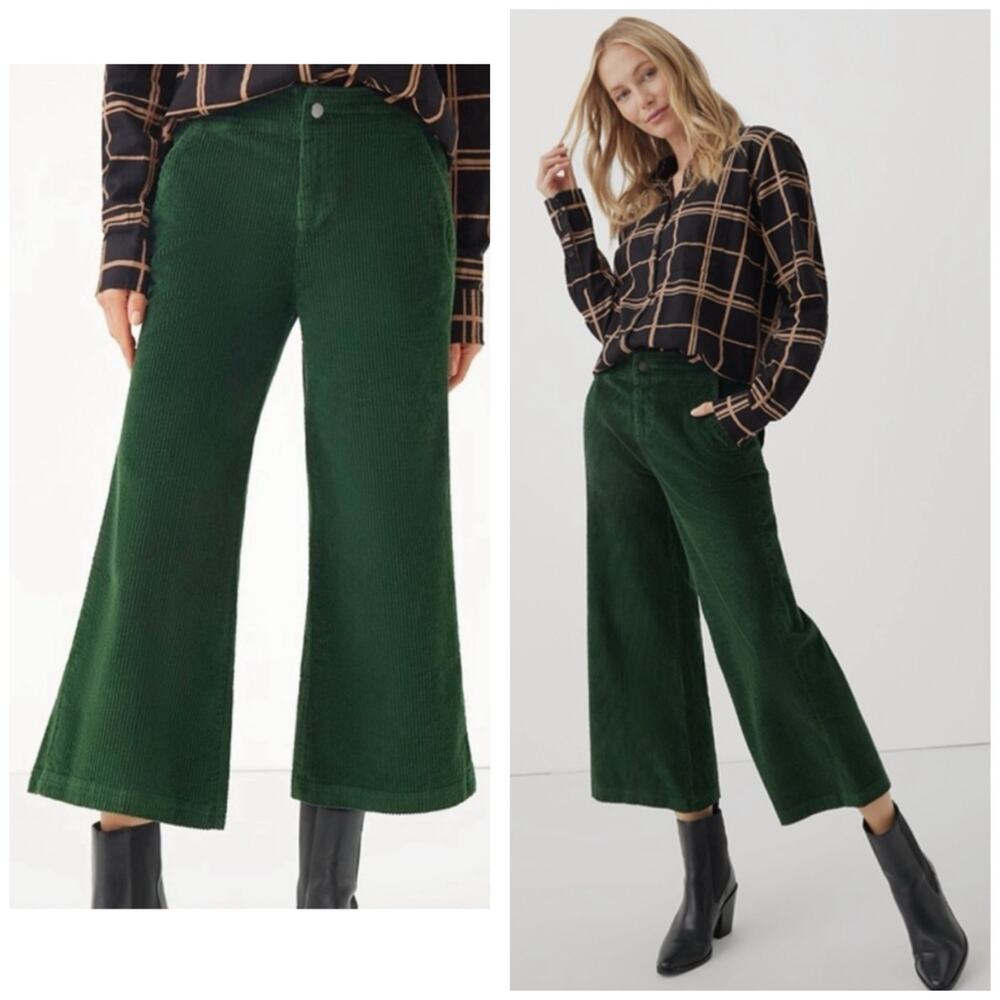 Pact Organic Cotton Corduroy Wide Leg Cropped Pants Size Small Green